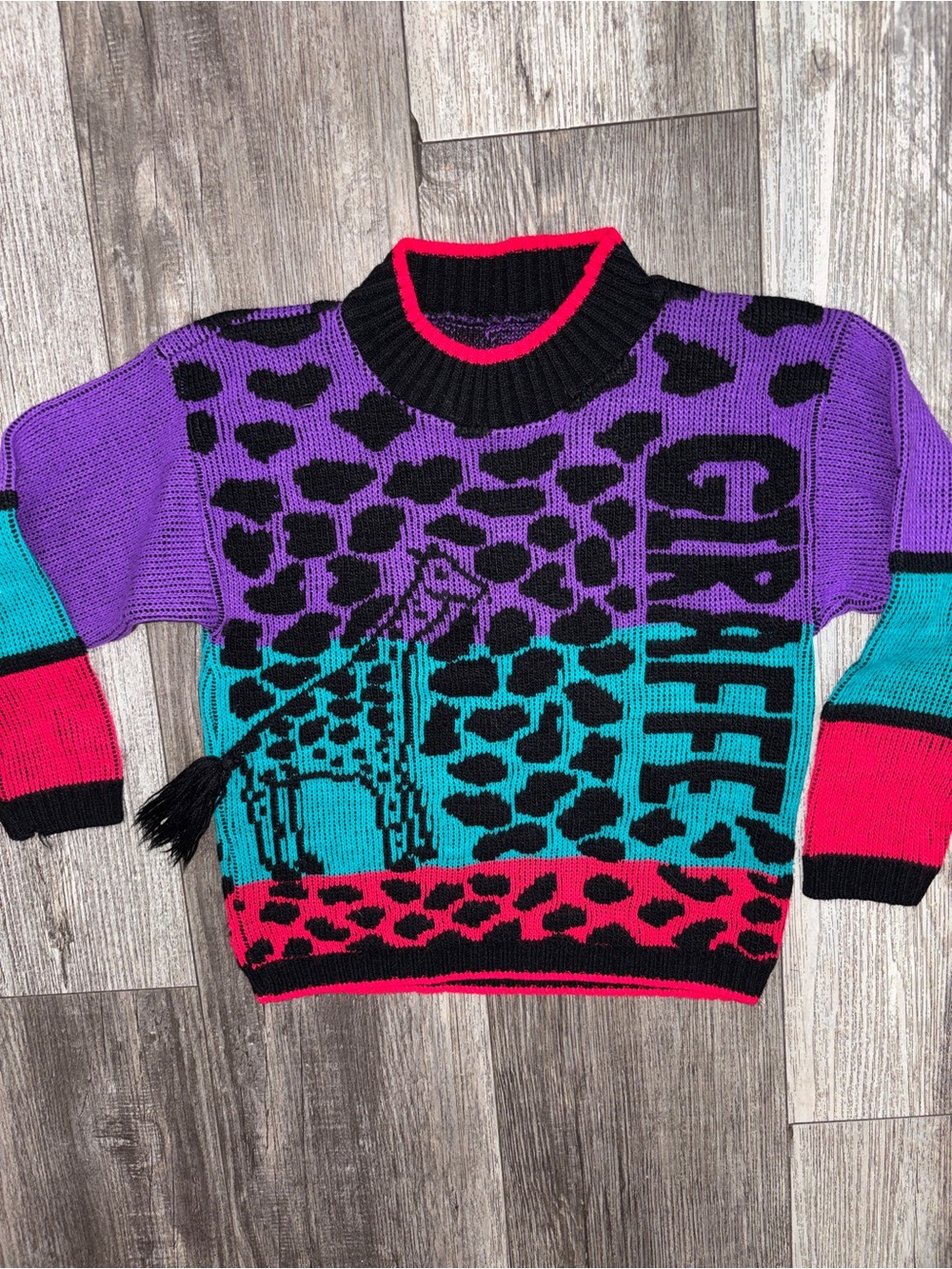 Kids Colorblock Zoo Giraffe Sweater - Purple, Teal & Pink 4/5 years